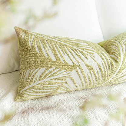 BlissBlush Green Boho Lumbar Throw Pillow Cover 14X36, Decorative Long Accent Body Lumbar Pillow for Bed, Farmhouse Woven Textured Lumbar Pillowcase for Couch (Cover ONLY)