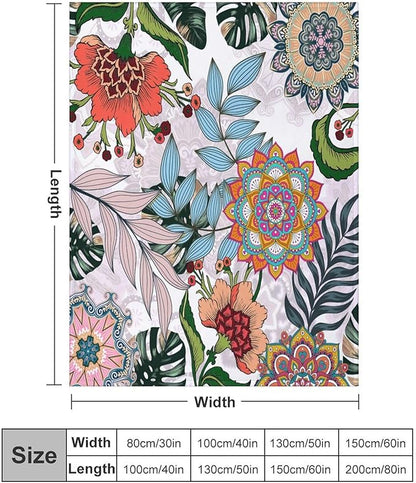 Boho Flowers Blanket for Women Girls, Rustic Bohemian Mandala Palm Leaves Plants Botanical Print Blanket for Bedroom Living Room Couch Sofa, 60"x80"