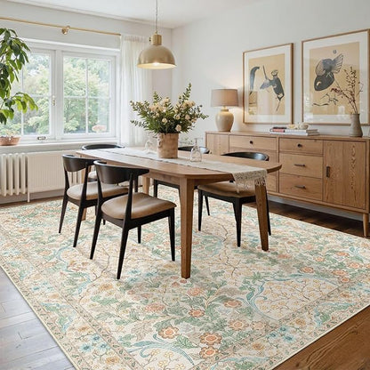 MUJOO 8x10 Area Rugs,Floral Washable Rugs for Living Room Dining Room Bedroom,Large Throw Carpet,Boho Non Slip Indoor Floor Big Soft Neutral Vintage Ultra-Thin Light Green and Beige