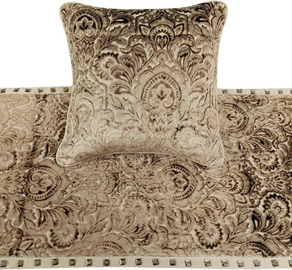 The HomeCentric King/Queen/Twin Beige Decorative King 90"x18" Bed Runner with 2 Pillow Cover, Velvet Damask & Crystal Border Bed Scarf on Velvet Fabric - Henriretta