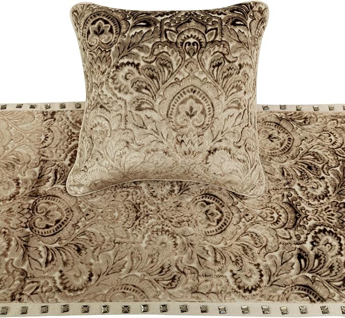 The HomeCentric King/Queen/Twin Beige Decorative CA King 86"x18" Bed Runner with 2 Pillow Cover, Velvet Damask & Crystal Border Bed Scarf on Velvet Fabric - Henriretta