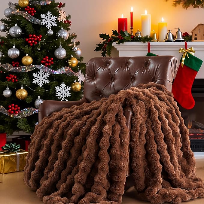 Lotus Karen Faux Fur Throw Blanket Dark Coffee - Big Bubble Rabbit Fluff Blanket for Couch Bed Sofa,Softest Fluffy Fuzzy Cozy Blanket,Thick Furry Plush Shaggy Warm Blankets for Women,108x90 Inches