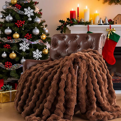 Lotus Karen Faux Fur Throw Blanket Dark Coffee - Big Bubble Rabbit Fluff Blanket for Couch Bed Sofa,Softest Fluffy Fuzzy Cozy Blanket,Thick Furry Plush Shaggy Warm Blankets for Women,50x60 Inches