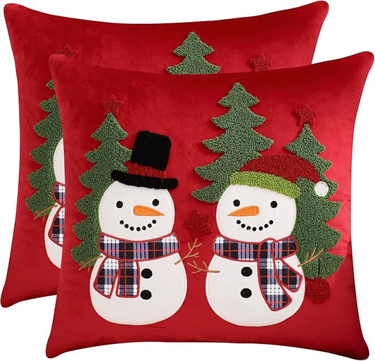 LUOYEHK Red Christmas Pillow Covers 18x18 Set of 2 Cute Snowmen Embroidered Pillow Cases Winter Holiday Velvet Cushion Covers for Couch Sofa Bed