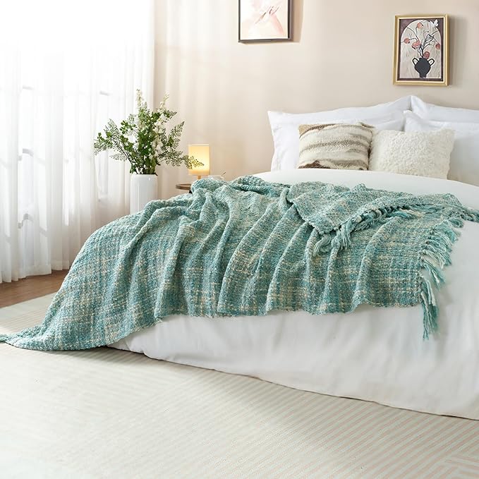 Multi-Color Turquoise Cable Knitted Throw Blanket for Couch,60"X80" Boho Style Textured Blankets for Home Decor,Super Soft Warm Cozy Chunky Knit Blanket with Decorative Tassels for Bed