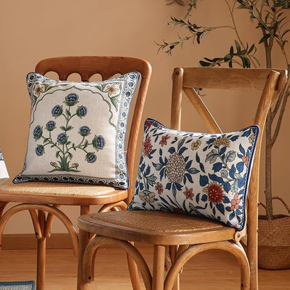patdrea Designer Throw Pillow Covers Set of 2,Blue Euro Elegant Linen with Blooming Floral Pattern Pillow Cover,Decorative Square Pillowcases Cushion for Bed Living Room Outdoor Car,18"x18"