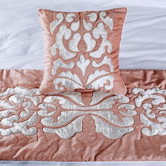 The HomeCentric Decorative Peach & Ivory Queen 74 x 18 inch Bed Runner with Matching Pillow Cover, Velvet Applique Bed Scarf, Abstract Modern - Peach Elegance