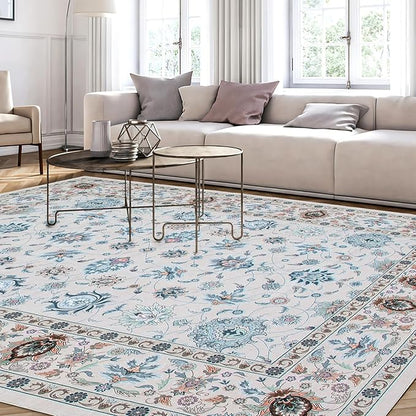WILLSUN Washable Area Rugs, 9x12 Non-Slip Boho Large Area Rugs for Living Room, Bedroom, Machine Washable Vintage Rug, Indoor Floral Print Carpet for Home Decor, Kid & Pet Friendly Mat