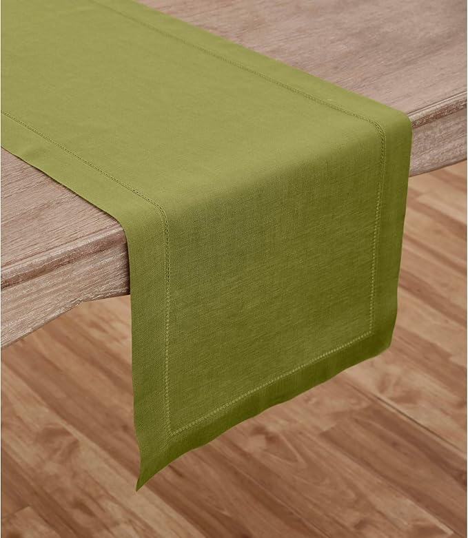 Solino Home Linen Hemstitch Table Runner 108 Inches Long - 100% Pure Linen Avocado Green Table Runner 14 x 108 Inch - Classic Hemstitch