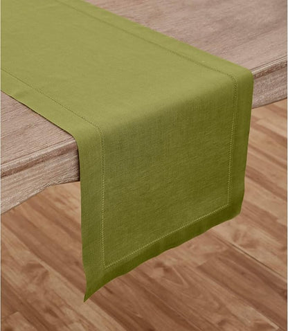 Solino Home Linen Avocado Green Table Runner 72 Inches Long - 100% Pure Linen Hemstitch Table Runner 14 x 72 Inch for Dresser, Dining - Classic Hemstitch