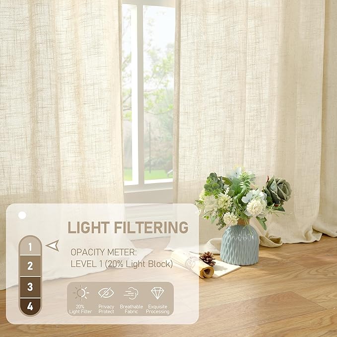LAMIT Short Linen Window Curtains 40 Inch Length 2 Panels, Beige Semi Sheer Light Filtering Panels Back Tab and Rod Pocket Neutral Drapes for Basement/Window/Loft Room, 34 x 40 Inch