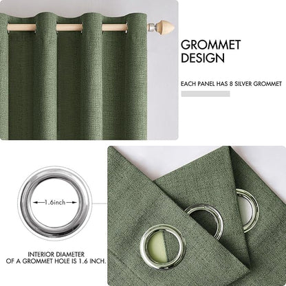 MIULEE 100% Blackout Linen Textured Curtains for Bedroom Solid Thermal Insulated Olive Green Grommet Room Darkening Curtains & Drapes Luxury Decor for Living Room Nursery 52 x 108 Inch (2 Panels)