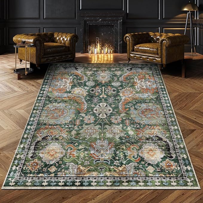 RUGSURE Washable Area Rugs - Perfect for Living Room, Bedroom, Kids Room, Nursery - Stain & Water Resistant Non-Slip, Pet & Child Friendly, Vintage Tribal Area Rugs (Green, 3' x 5 ')