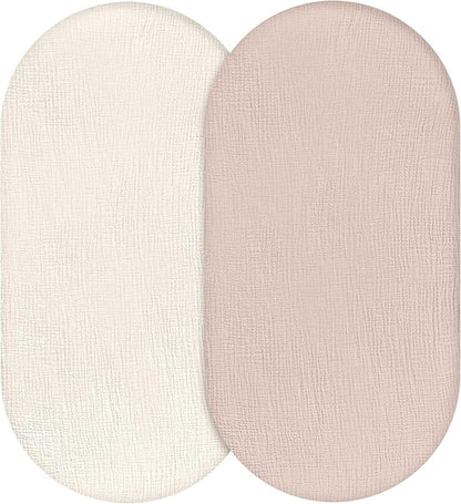 Muslin Bassinet Fitted Sheets, 2 Pack for Baby Boy and Girl, Soft Breathable Stretchy Baby Pad/Mattress Sheet Set, Universal Fit for Hourglass Oval and Rectangle Bassinet Mattress (Gentle Colors)