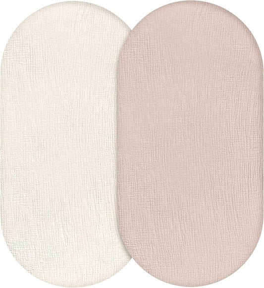Muslin Bassinet Fitted Sheets, 2 Pack for Baby Boy and Girl, Soft Breathable Stretchy Baby Pad/Mattress Sheet Set, Universal Fit for Hourglass Oval and Rectangle Bassinet Mattress (Gentle Colors)