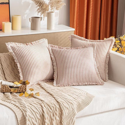 MIULEE Pack of 2 Rust Pillow Covers 26x26 Inch Striped Farmhouse Couch Throw Pillow Covers with Fringe Chic Linen Decorative Cushion Eruo Sham for Sofa Living Room Bed Outdoor Home Decor