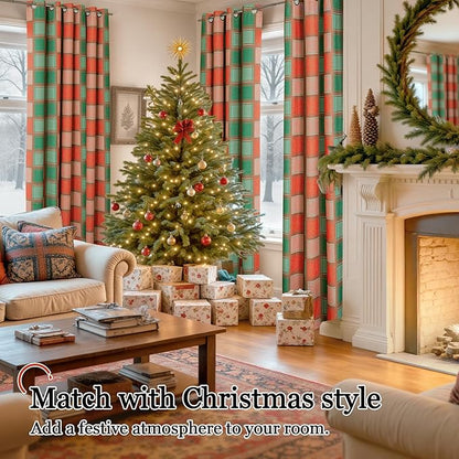 Christmas Curtains for Living Room - Plaid Linen Blackout Curtains Checkered Patterned, Thermal Insulated Gingham Striped Window Drapes for Bedroom Winter 52x72 Inch 2 Panels, Red Green