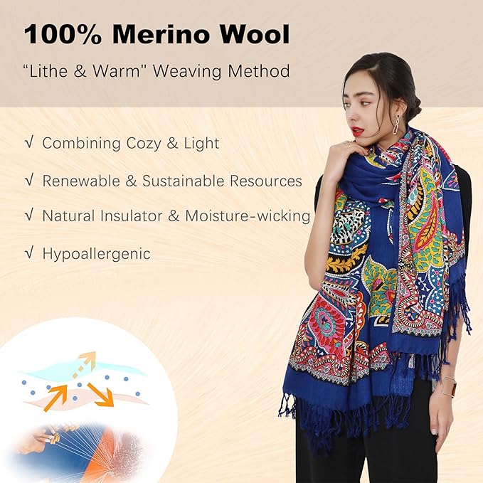 DANA XU 100% Merino Wool Pashmina Shawl for Women 96"x43", Oversized Cashmere Wrap with Tassels, Floral Travel Blanket Cape