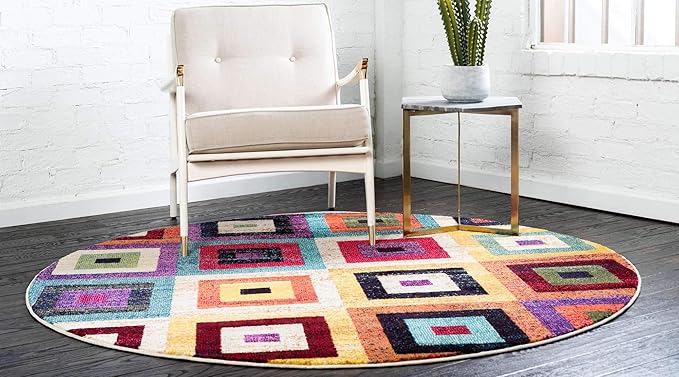 Unique Loom Estrella Collection Colorful, Geometric, Squares Modern, Abstract Area Rug (8' 0 x 8' 0 Round, Multi/Beige)