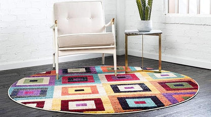 Unique Loom Estrella Collection Colorful, Geometric, Squares Modern, Abstract Area Rug (8' 0 x 8' 0 Round, Multi/Beige)