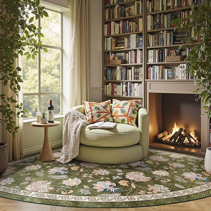 jinchan Elora Floral Corner Rug for Living Room Washable Rug Vintage Romance Christmas Design Non Slip Quarter Circle Lightweight Low-Pile Throw Carpet for Reading Nook Playroom, 7ft Radius, Green