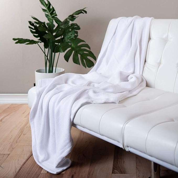 Sticky Toffee Cotton Throw Blanket 60x50 in – Woven Lightweight White Blanket for Couch or Bed, Soft Herringbone Weave, Boho Farmhouse Style