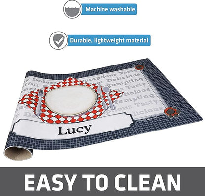 Drymate Personalized Pet Bowl Placemat, Custom Dog & Cat Food Feeding Mat - Absorbent Fabric, Waterproof Backing - Machine Washable/Durable (USA Made) (16" x 28") (Dinner Plate)