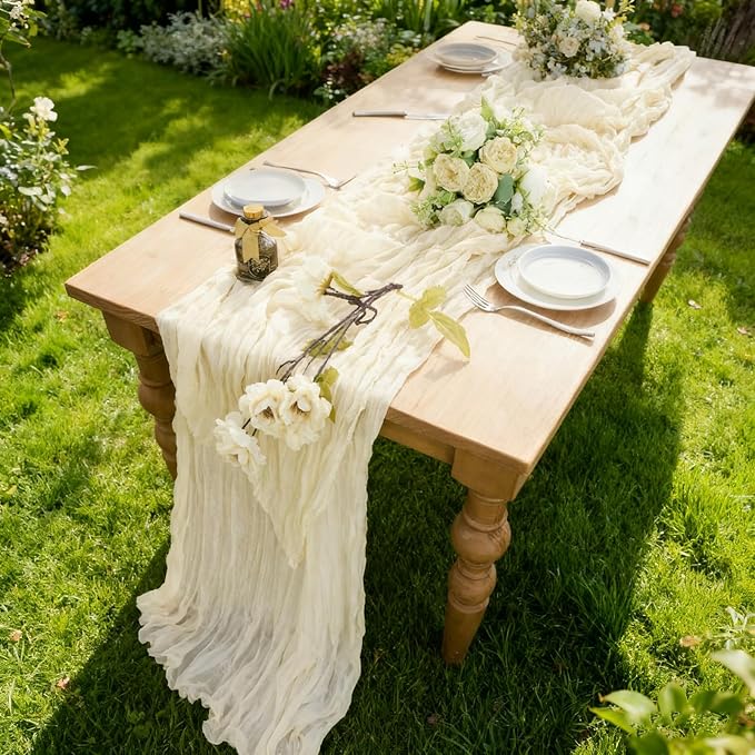 BALCONY & FALCON Beige Cheesecloth Table Runner 10FT 120 Inch Rustic & Boho Farmhouse Gauze Cheese Cloth Runners for Wedding Fall Thanksgiving Christmas Party Baby Shower Birthday Decor