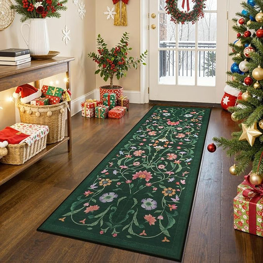 LIVEBOX Kitchen Runner Rug - Boho Floral 2x6 Runners for Hallways, Non-Slip Washable Rug, Soft Low-Pile Carpet Runner for Entryway Hallway Bedroom Laundry Room Farmhouse(2x6 ft, Green)
