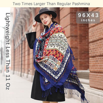 DANA XU 100% Merino Wool Pashmina Shawl for Women 96"x43", Oversized Cashmere Wrap with Tassels, Floral Travel Blanket Cape