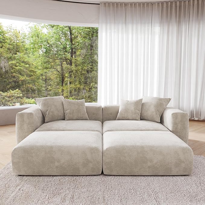 JACH Corduroy Sectional Couches for Living Room, Modular Sectional Couch with Chaise Ottomans, Cushion Covers Removable, Modern Sofa Bed for Living Room, Apartment, Office (Beige)