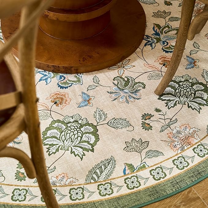jinchan Elora Floral Corner Rug for Entryway Washable Rug Vintage Romance Christmas Design Non Slip Quarter Circle Lightweight Low-Pile Throw Carpet for Playroom Nook Nursery 4ft Radius, Green/Beige