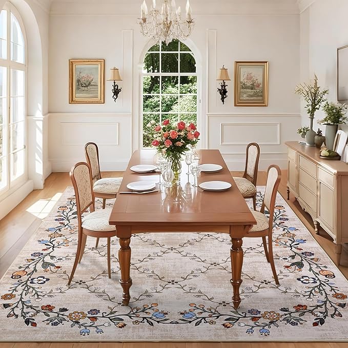 Garveehome 5x7 Washable Floral Area Rugs for Living Room: Modern Floral Non Slip Large Area Rugs for Bedroom, Large Machine Washable Living Room Low Pile Carpet with Non-Slip Backing Beige 5 ft x7 ft.