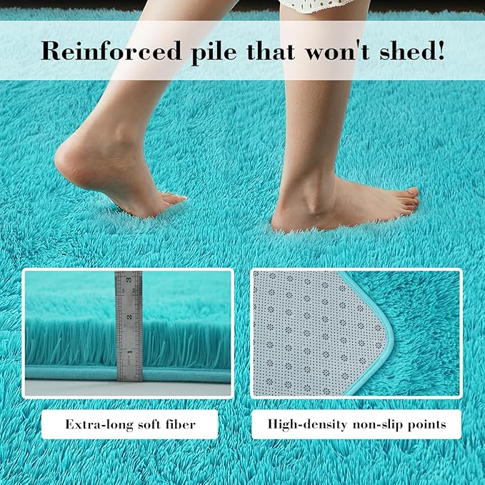 Teal Blue Rug Fluffy Rug, 9x12 Teal Area Rugs for Living Room, Soft Cute Baby Play Mat, Teal Rugs for Bedroom, Nursery, Preppy Dorm, Plush Aesthetic