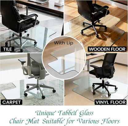 Tempered Glass Chair Mat with Lip, 53" x 45" Heavy-Duty Office Floor Protector for Under-Desk Reach, for Carpet & Hardwood, 1/5" Thick
