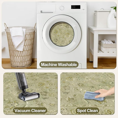 Tangsoo 5x7 Area Rug Washable Rugs for Living Room, Floral Vintage Indoor Non Slip Large Area Rugs, Print Distressed Green Carpet, Soft Low Pile Foldable Floor Rug for Bedroom Dining Room Dorm