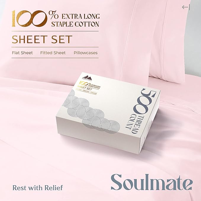 Mayfair Linen 500 Thread Count Split King Sheets Sets for Adjustable Bed - 5 PC Split King Size Bed Sheet Set Cotton (Blush), Soft, Cooling, Sateen Weave 16" Deep Pocket Bedsheet (Fits 18" Mattress)