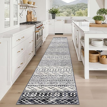 KUTA Boho Hallways Runner Rugs 2x12, Moroccan Washable Kitchen Rug Non-Slip Vintage Black Navy Blue 12ft Ultra Soft Distressed Geometric Floor Carpet Runners for Bedroom Laundry Living Room