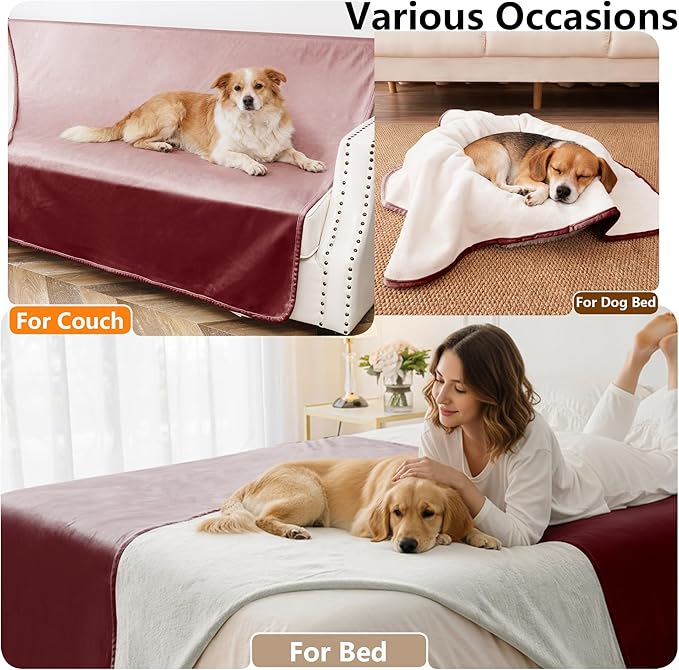 Waterproof Blanket for Bed, Leak Proof Dog Couch Blankets Reversible, Pet Throw Sofa Furniture Protector Machine Washable-82 x120,Burgundy Red+Cream