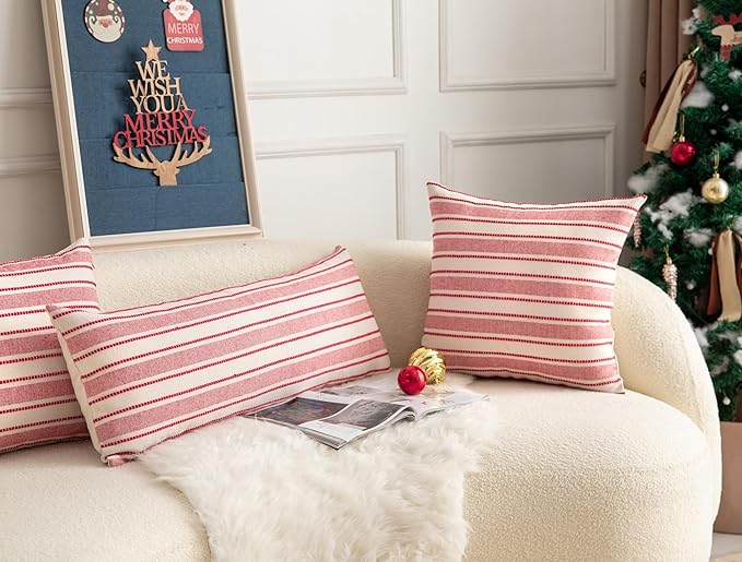 Christmas Lumbar Pillow Covers, Boho Textured Long Accent Pillow Case, Red Pillow Covers 14 x 36 Inch Christmas Decorative, Chair Sofa Bedroom Living Room Home Decor Cushion Case, Pack of 1