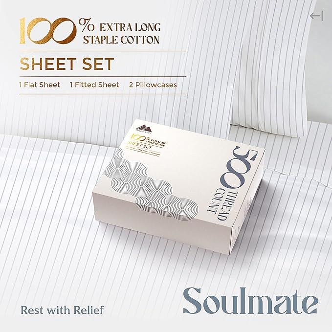 Mayfair Linen 100% Cotton Printed Bed Sheets Twin Size Set - 500 Thread Count Cotton Twin XL Sheets for Dorm Room, 3 PC Set (Pinstripe Light Grey), Soft, Cooling, Sateen Weave 16" Deep Pocket Bedsheet