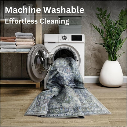 Bloom Rugs Washable Non-Slip 4' x 6' Rug - Green/Blue Traditional Medallion Area Rug for Living Room, Bedroom, Dining Room, and Kitchen - Exact Size: 4' x 6'