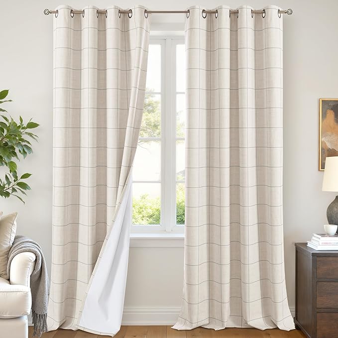 Grey Plaid Patterned Curtains Thermal Insulated - 96 Inches Extra Long Total Linen Blackout Curtains for Living Room, Boho Drapery for Farmhouse Bedroom 52x96 Inch 2 Panels
