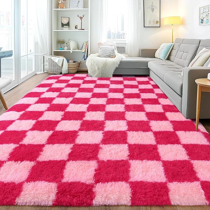 Area Rugs for Living Room, Soft Shaggy Carpets for Living Room, Fuzzy Rugs for Kids' Room, Perfect Decor for Modern Home Hot Pink Grid 5x7 Feet