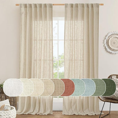 LAMIT Natural Linen Blended Curtains for Living Room, Back Tab and Rod Pocket Semi Sheer Curtains Light Filtering Country Rustic Drapes for Bedroom/Farmhouse, 2 Panels, 52 x 108 Inch, Linen