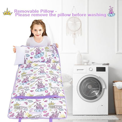 Viviland Toddler Nap Mat, Rolled Sleeping Mats with Pillow and Minky Dot Blanket for Girls, Kids Slumber Bag Nap Mat for Preschool, Daycare, Kindergarten, Travel Camping - Princess Fantasy