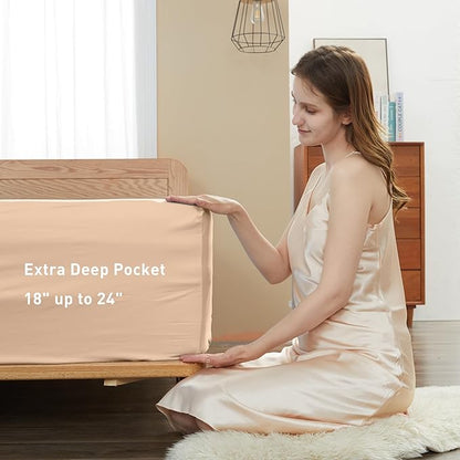 Sunflower Queen Fitted Sheet, 1-Piece Extra Deep Pocket Fitted Bottom Sheet 22", 100% Cotton Sateen Soft Breathable, Light Khaki