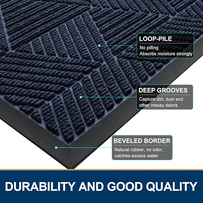 Smiry Front Door Mat Outside Entrance, Heavy Duty Sturdy Natural Rubber Doormat, Trap Dirt and Moisture, Easy Clean Low Profile Mats for Indoor Outdoor Entry, Irregular Triangle (59x35, Navy Blue)