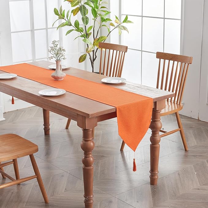 BALCONY & FALCON Table Runner with Tassels Rustic Farmhouse Jacquard Linen Style Water Resistant Washable Runner for Autumn Fall Harvest Halloween Thanksgiving Party 14 x 71 inch, Vibrant Orange