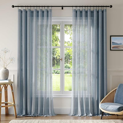 Anmao Natural Linen Curtains for Living Room 80 Inch Length 2 Panels Set, Light Filtering Semi Sheer Window Curtain Drapes for Bedroom with Curtain Rings and Clips, 52Wx80L, Haze Blue
